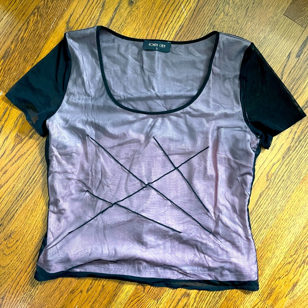 Sz M/L Ronen Chen Black Mesh Short Sleeved Top